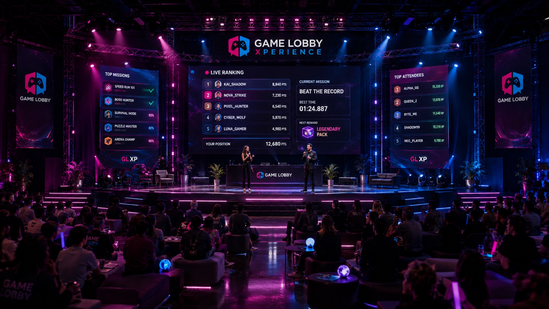 Pantalla de misiones y ranking en vivo GameLobby Xperience