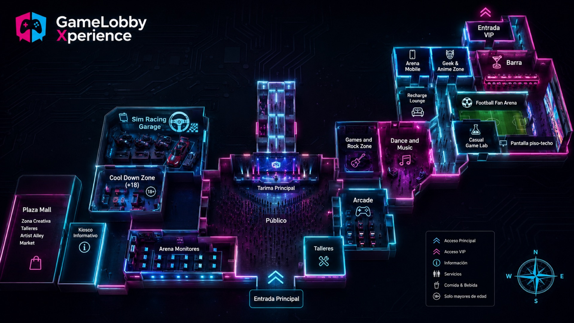 Mapa conceptual de zonas de GameLobby Xperience; sede por confirmar